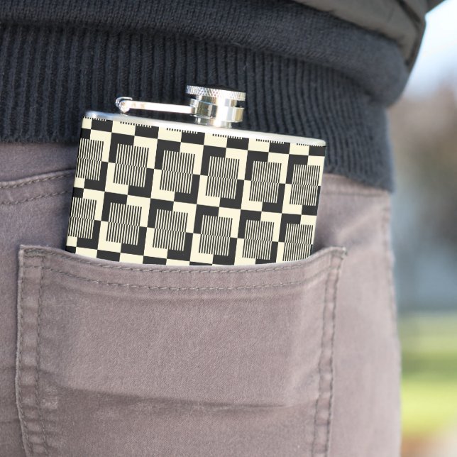 Retro Black & Tan Pattern Hip Flask (In Situ)
