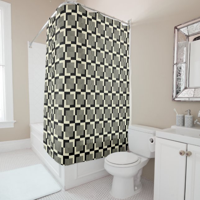 Retro Black & Tan Pattern Shower Curtain (In Situ)
