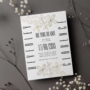 Retro black typography white gold floral wedding invitation