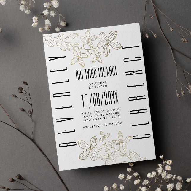 Retro black typography white gold floral wedding invitation (Retro black typography white gold floral wedding)