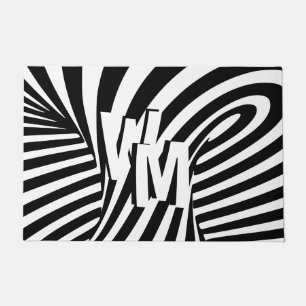 Retro Black White Abstract Zebra Pattern Initials Doormat