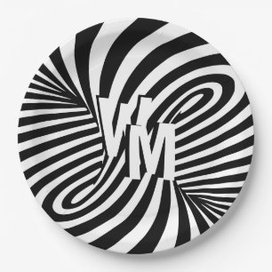 Retro Black White Abstract Zebra Pattern Initials Paper Plate