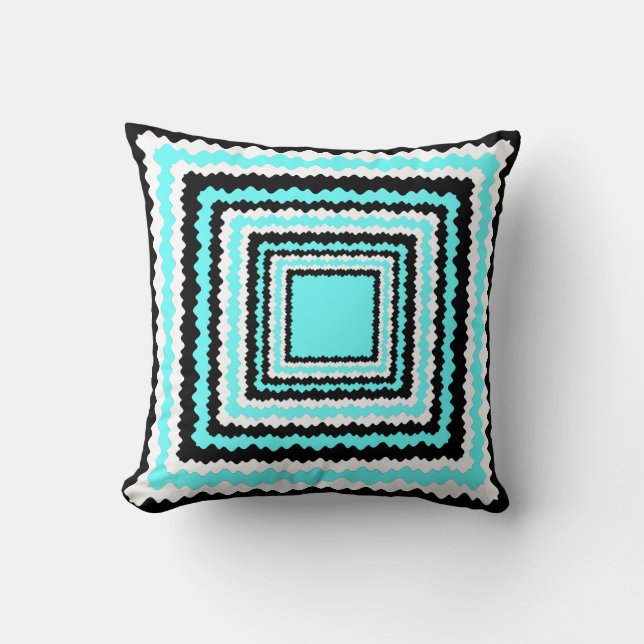Retro, Black, White & Aqua Rick Rack Design Cushion (Front)