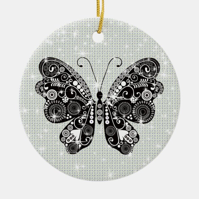 Retro Black & White Butterfly Ceramic Tree Decoration (Front)