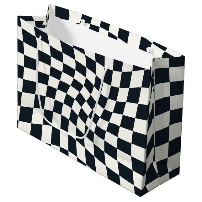 Retro Black White Checked Warped Chequered  Large Gift Bag (Front Angled)