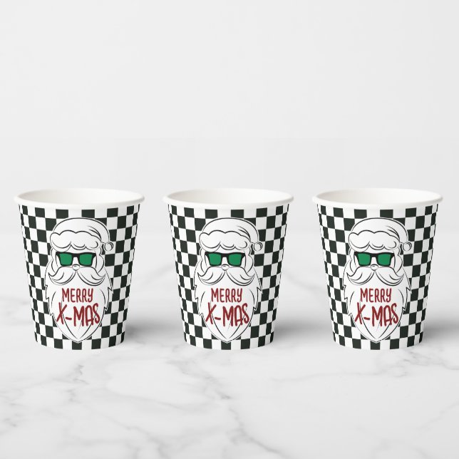 Retro Black White Checkered Santa Claus Christmas Paper Cups (Multi)
