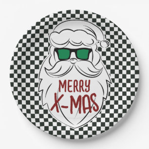 Retro Black White Checkered Santa Claus Christmas Paper Plate