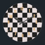 Retro Black White Checks Chequerboard Pattern   Large Clock<br><div class="desc">Cool fresh chequered pattern design,  modern interior design decor for home,  living room,  nursery room,  kids room. Chequered colourful curtains,  rug,  phone case. Chequered 70s and 60s trend design idea. Black and white checkers</div>