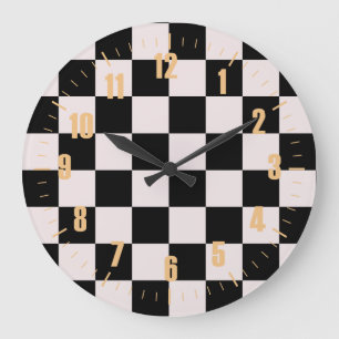 Retro Black White Checks Chequerboard Pattern   Large Clock