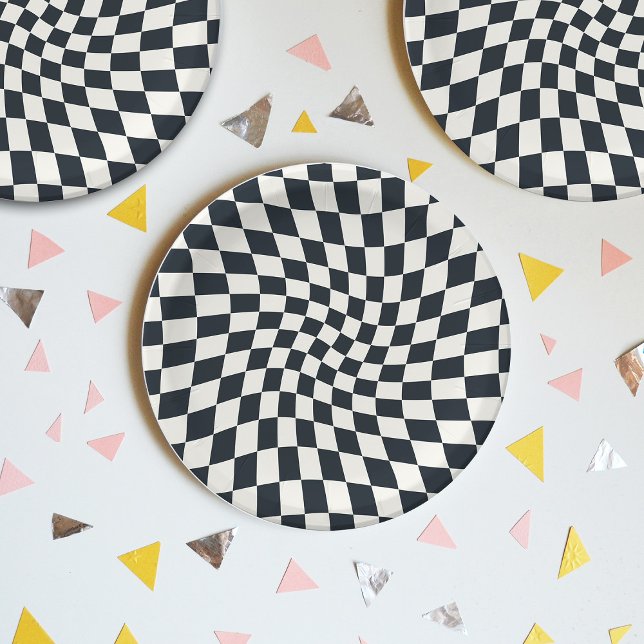 Retro Black White Checks Warped Chequerboard Paper Plate (Creator Uploaded)