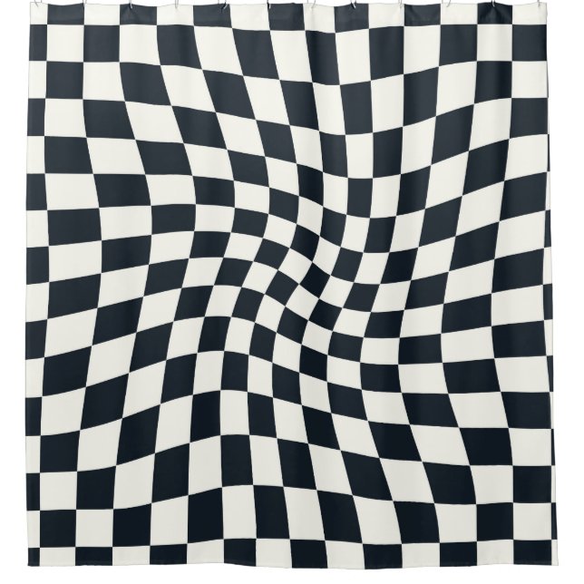 Retro Black White Checks Warped Chequered Shower Curtain (Front)