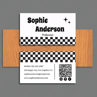 Retro Black & White Chequerboard with QR Code Business Card