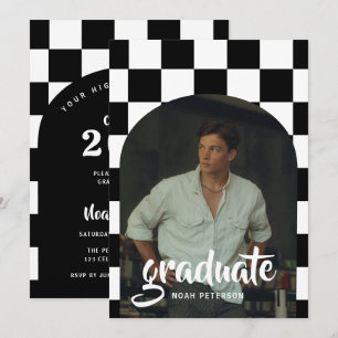 Retro Black & White Chequered Boy Photo Graduation Invitation