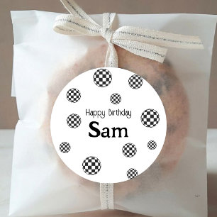 Retro Black & White Chequered Happy Birthday Name Classic Round Sticker