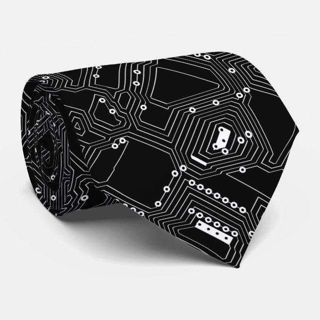 Retro Black White Computer Circuit Board Neck Tie (Rolled)