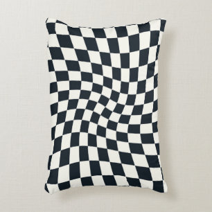 Retro Black White Dorm Warped Check Chequered Decorative Cushion