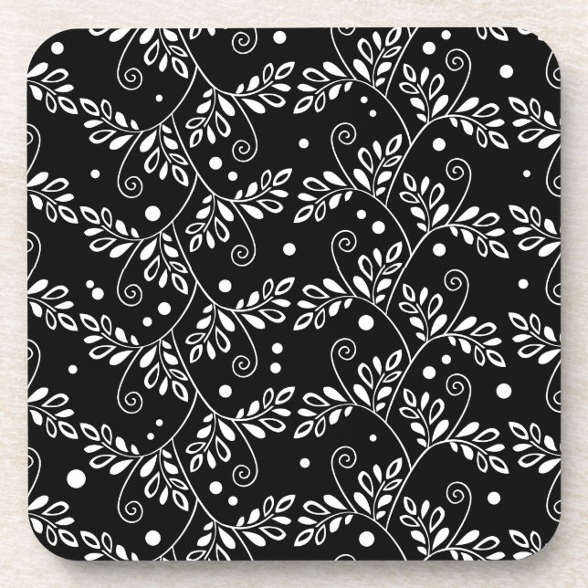Retro black white floral Cork Coaster (Front)