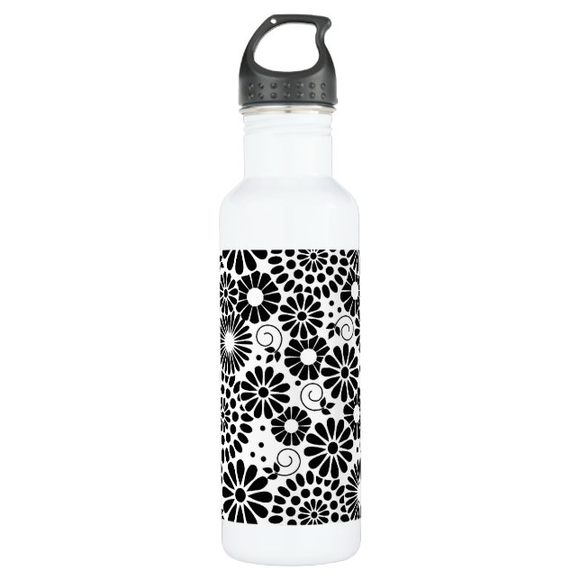 Retro black white flowers 710 ml water bottle (Front)