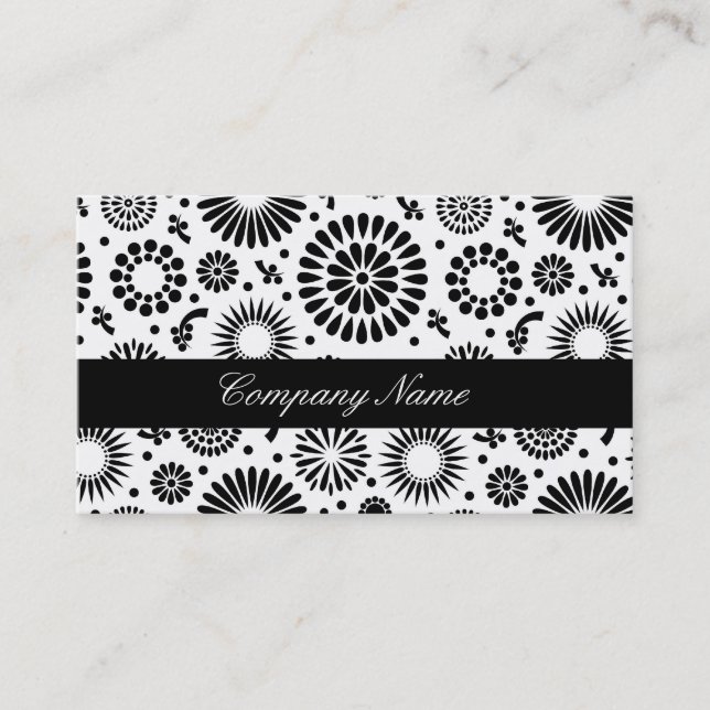 Retro black white flowers Business Card (Front)