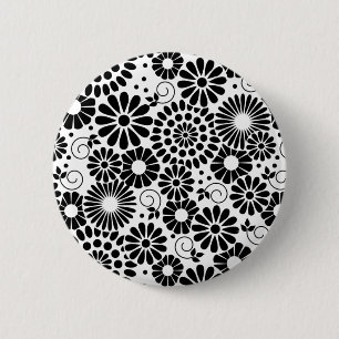 Retro black white flowers Button