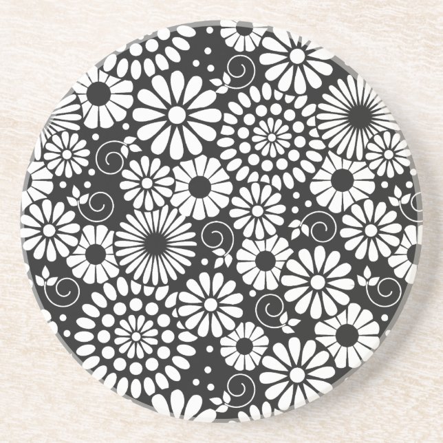 Retro black white flowers coaster (Front)