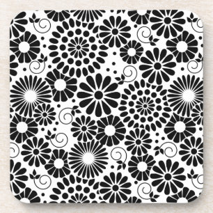 Retro black white flowers Cork Coaster