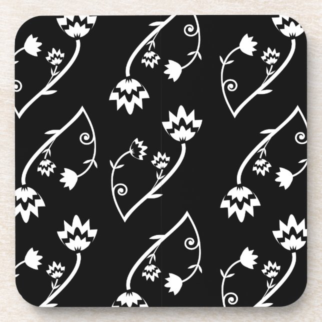 Retro black white flowers Cork Coaster (Front)