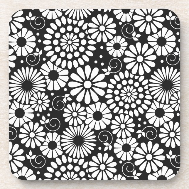 Retro black white flowers Cork Coaster (Front)