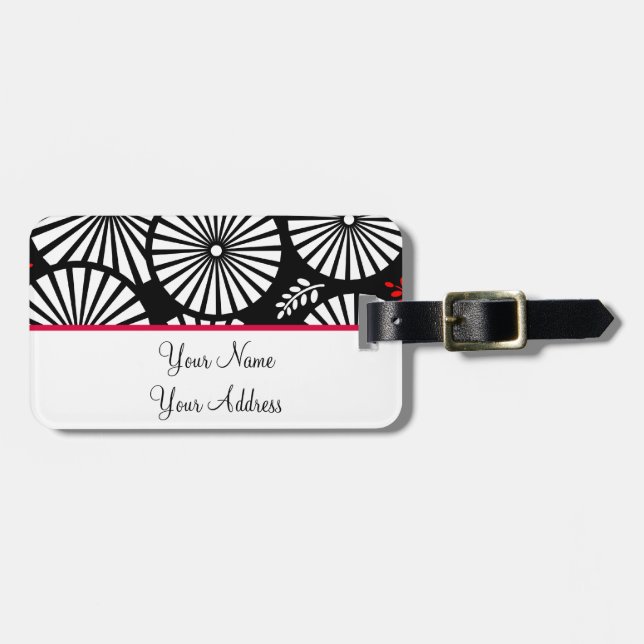 Retro black white flowers Luggage Tag (Front Horizontal)