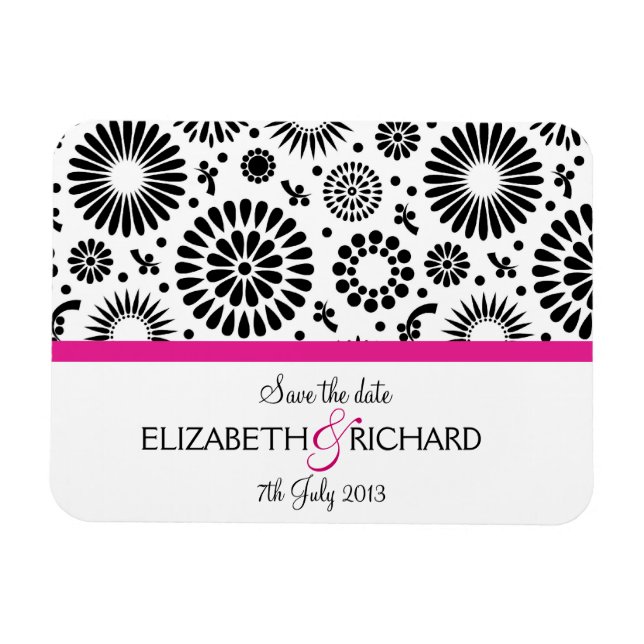 Retro black white flowers 'Save the date' Magnet (Horizontal)
