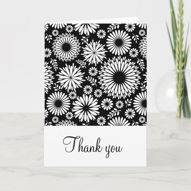 Retro black white flowers Thank You Card (Front)
