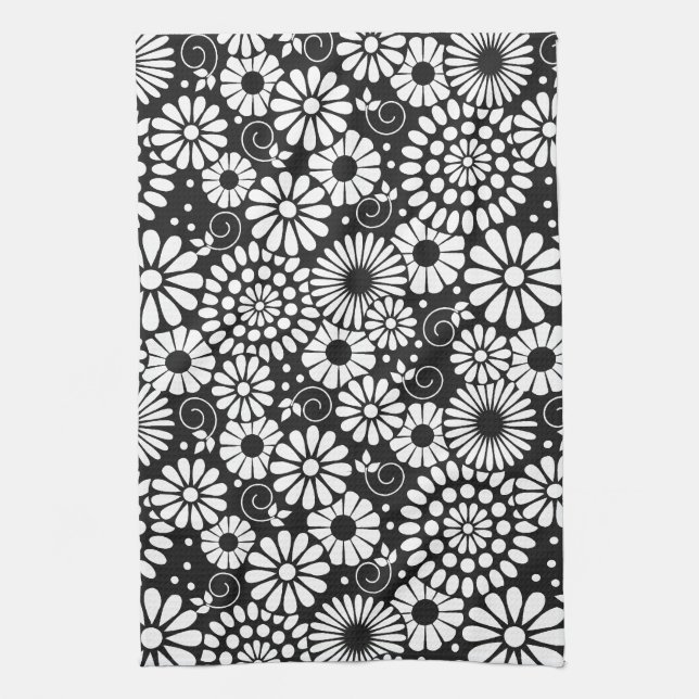 Retro black white flowers Towel (Vertical)