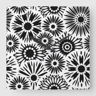 Retro black white flowers Wall Clock