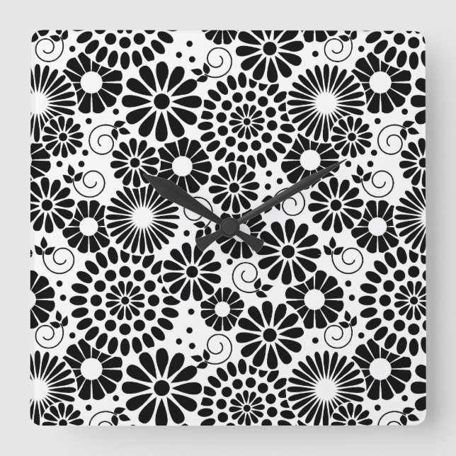 Retro black white flowers Wall Clock (Front)