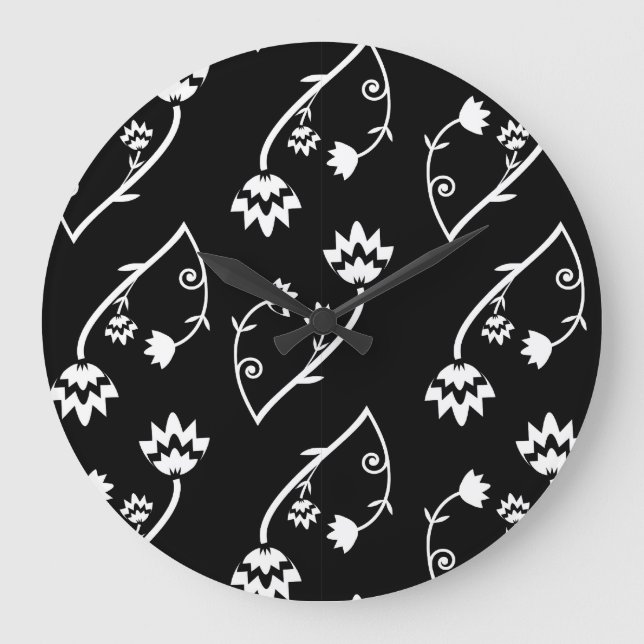 Retro black white flowers Wall Clock (Front)