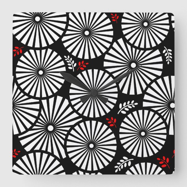 Retro black white flowers Wall Clock (Front)
