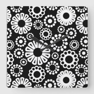 Retro black white flowers Wall Clock