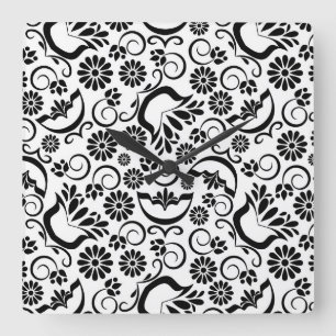Retro black white flowers Wall Clock