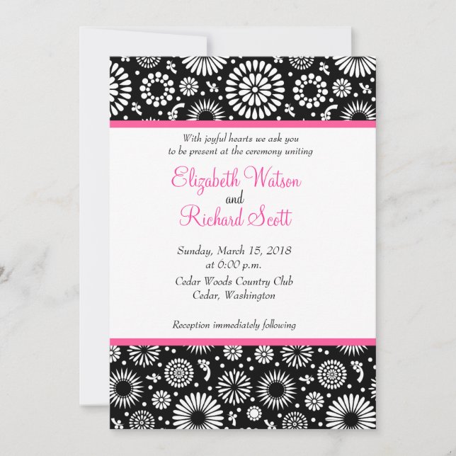 Retro black white flowers wedding invitation (Front)