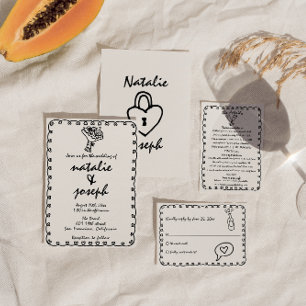Retro Black & White Hand Drawn Quirky Wedding Invitation