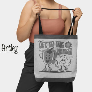 Retro Black White Happy Mum Vegetable Market Tote Bag