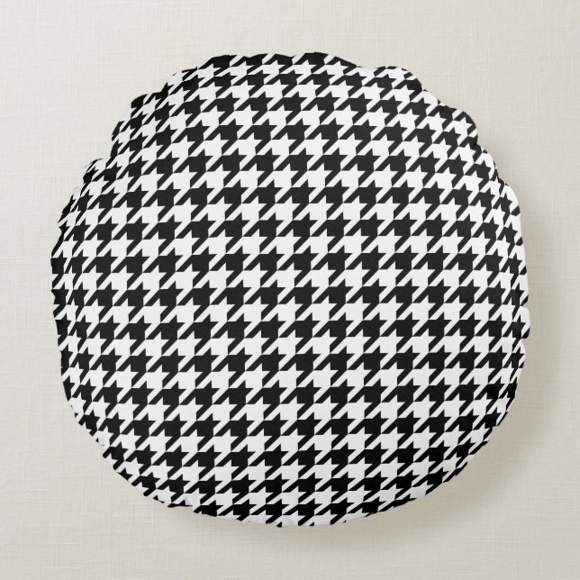 Retro Black White Houndstooth Weaving Pattern Round Cushion (Front)