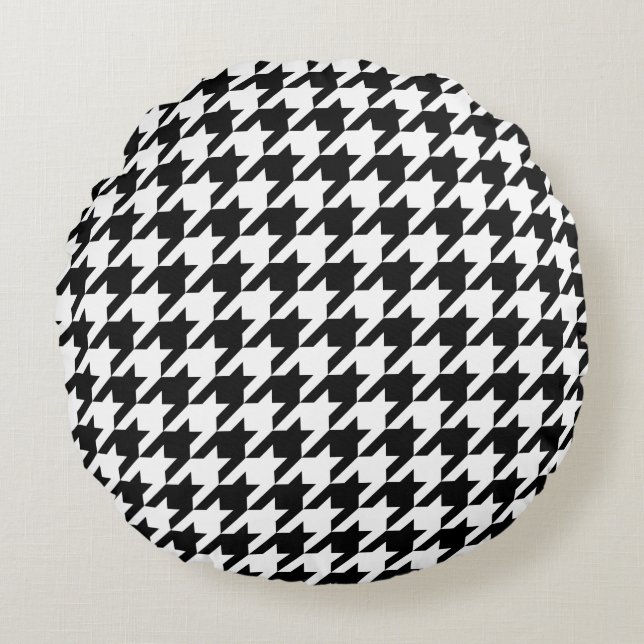 Retro Black White Houndstooth Weaving Pattern Round Cushion (Front)