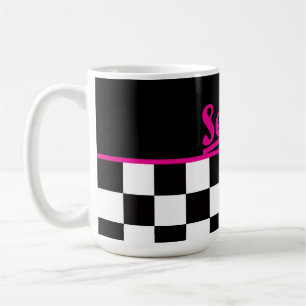 Retro Black White Neon Pink "Serve!" Chequerboard Coffee Mug