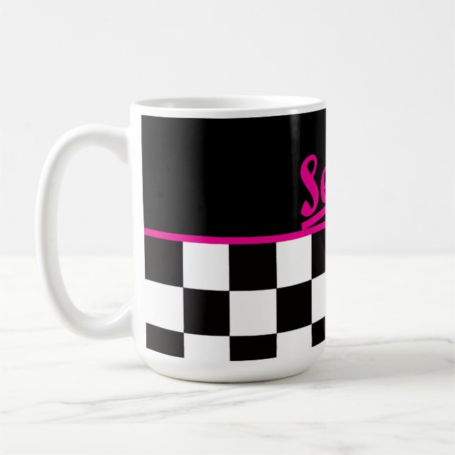 Retro Black White Neon Pink  "Serve!" Chequerboard Coffee Mug (Left)