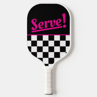 Retro Black White Neon Pink  "Serve!" Chequerboard Pickleball Paddle