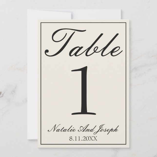 Retro Black White Old Money Wedding Table Number (Front)