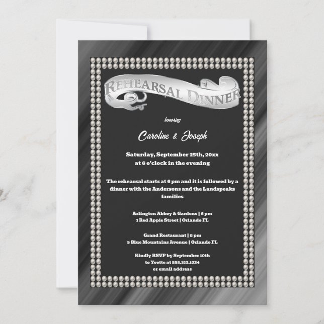 Retro Black & White Pearls Rehearsal Dinner Invitation (Front)