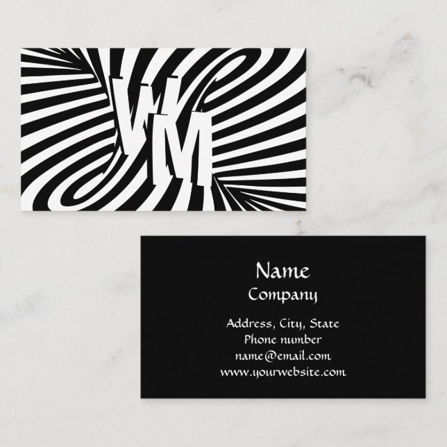 Retro Black White Psychedelic Swirl Monogram  Business Card (Front/Back)