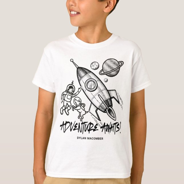 Retro Black White Space Travel Rocket Astronaut T-Shirt (Front)